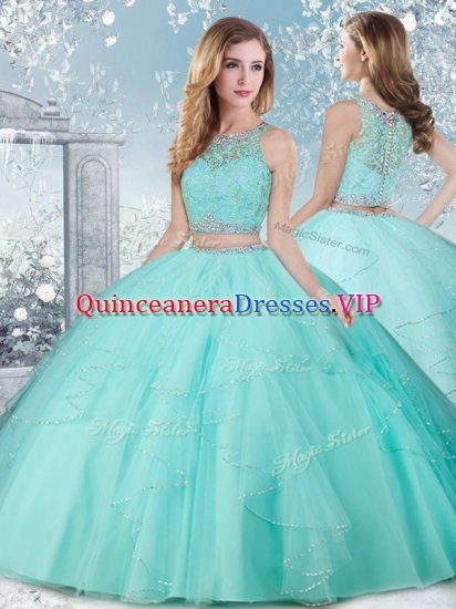 Sleeveless Floor Length Beading Clasp Handle Ball Gown Prom Dress with Aqua Blue - Click Image to Close