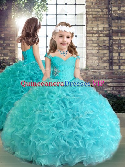 Aqua Blue Ball Gowns Beading and Ruching Little Girl Pageant Dress Lace Up Fabric With Rolling Flowers Sleeveless Floor Length - Click Image to Close