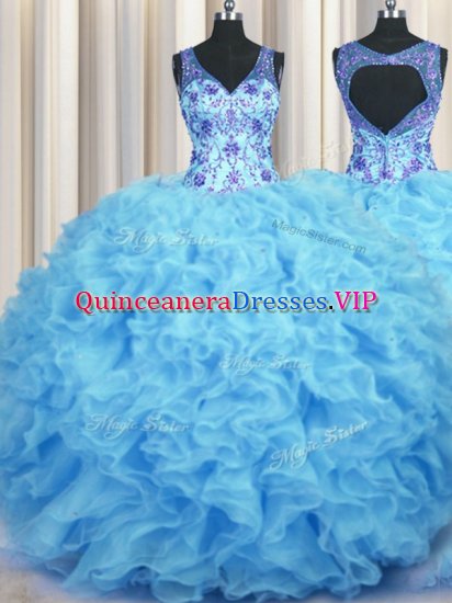 Noble V Neck Floor Length Baby Blue Quinceanera Dress Organza Sleeveless Beading and Appliques and Ruffles - Click Image to Close