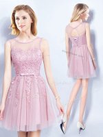Glittering Scoop Mini Length Pink Vestidos de Damas Tulle Sleeveless Appliques and Belt