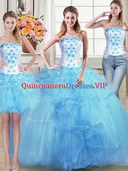 Three Piece Floor Length Light Blue 15th Birthday Dress Strapless Sleeveless Lace Up - Click Image to Close