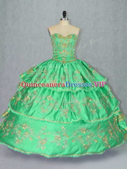 Beautiful Sweetheart Sleeveless Quinceanera Gown Floor Length Embroidery and Ruffled Layers Green Satin and Organza - Click Image to Close