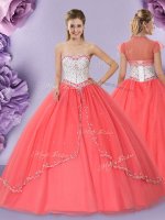 Watermelon Red Ball Gowns Sweetheart Sleeveless Tulle Floor Length Lace Up Beading Sweet 16 Dresses(SKU XFQD1333BIZ)