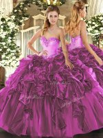Fashion Fuchsia Organza Lace Up Sweetheart Sleeveless Floor Length 15th Birthday Dress Beading and Ruffles