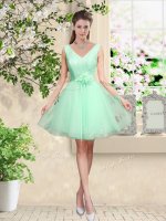 Deluxe Apple Green Lace Up V-neck Lace and Belt Quinceanera Court Dresses Tulle Sleeveless