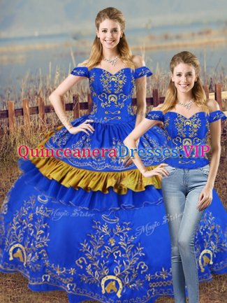 Off The Shoulder Sleeveless Ball Gown Prom Dress Floor Length Embroidery and Ruffled Layers Blue Organza