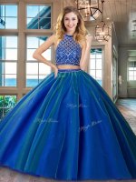 Fashion Two Piece HalterHalter Top Beading Sweet 16 Dress Royal Blue Backless Sleeveless Brush Train(SKU SXQD023-2BIZ)
