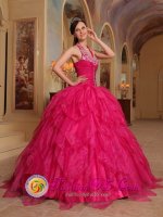 Yuma Arizona Romantic Embroidery Hot Pink Quinceanera Dress For Winter Halter Organza Ball Gown(SKU QDZY381-BBIZ)