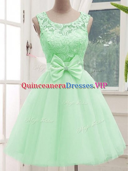 Apple Green Sleeveless Lace and Bowknot Knee Length Quinceanera Court of Honor Dress - Click Image to Close