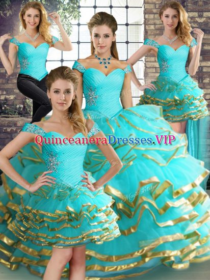 Pretty Aqua Blue Lace Up Quinceanera Gowns Beading and Ruffled Layers Sleeveless Floor Length - Click Image to Close