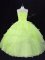 Flare Sleeveless Floor Length Ruffles and Hand Made Flower Lace Up Quinceanera Gown with Yellow Green
