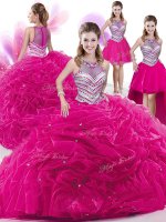 Hot Sale Four Piece Pick Ups Floor Length Hot Pink Quinceanera Dress High-neck Sleeveless Zipper(SKU SJQDDT915007-2BIZ)