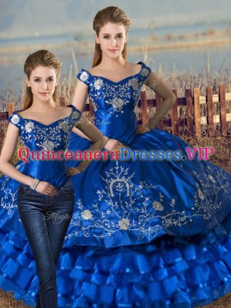 Royal Blue Sweet 16 Dress Sweet 16 and Quinceanera with Embroidery and Ruffled Layers Off The Shoulder Sleeveless Lace Up