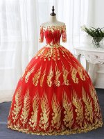 Red Printed Lace Up Off The Shoulder Half Sleeves Floor Length Sweet 16 Quinceanera Dress Appliques(SKU SWQD239BIZ)
