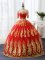 Red Printed Lace Up Off The Shoulder Half Sleeves Floor Length Sweet 16 Quinceanera Dress Appliques