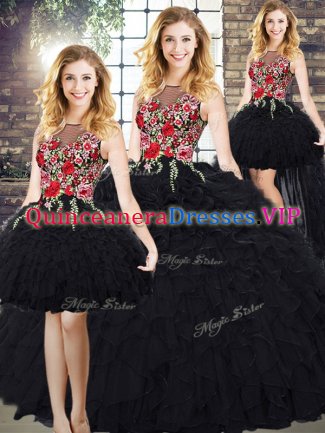 Modern Organza Scoop Sleeveless Zipper Embroidery and Ruffles Quinceanera Dresses in Black
