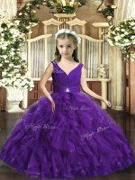 Purple V-neck Neckline Beading and Ruffles Pageant Dress for Womens Sleeveless Backless