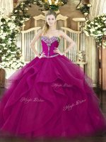 Floor Length Fuchsia Sweet 16 Dress Tulle Sleeveless Beading and Ruffles