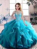 Unique Floor Length Aqua Blue Ball Gown Prom Dress Scoop Sleeveless Lace Up