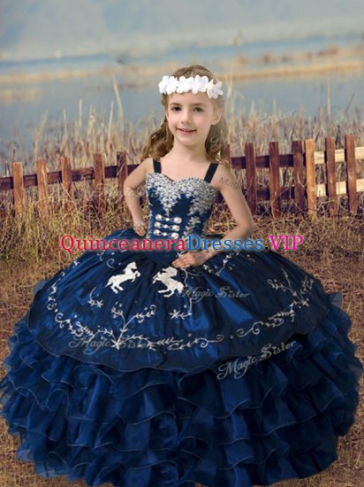 Floor Length Navy Blue Kids Pageant Dress Organza Sleeveless Embroidery and Ruffled Layers - Click Image to Close
