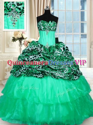 Printed Turquoise Sleeveless Sweep Train Beading and Ruffled Layers Quinceanera Dress