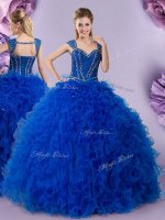 Delicate Royal Blue Ball Gowns Tulle Straps Cap Sleeves Beading and Ruffles Floor Length Lace Up Quinceanera Gowns