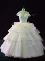 Off The Shoulder Sleeveless Organza Sweet 16 Quinceanera Dress Beading and Ruffled Layers Brush Train Lace Up(SKU PSSW1094-1BIZ)