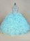 Aqua Blue Fabric With Rolling Flowers Lace Up Vestidos de Quinceanera Sleeveless Brush Train Beading and Ruffles