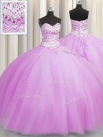 Bling-bling Really Puffy Sweetheart Sleeveless Quinceanera Gowns Floor Length Beading Lilac Tulle