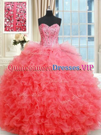 Coral Red Vestidos de Quinceanera Military Ball and Sweet 16 and Quinceanera with Beading and Ruffles Sweetheart Sleeveless Lace Up