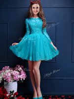 Pretty A-line Court Dresses for Sweet 16 Aqua Blue Scalloped Chiffon 3 4 Length Sleeve Mini Length Lace Up