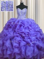 Spectacular Bling-bling Lavender Organza Lace Up 15 Quinceanera Dress Sleeveless With Brush Train Beading and Ruffles