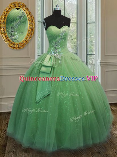 Simple Tulle Sweetheart Sleeveless Lace Up Beading and Ruching and Bowknot Sweet 16 Dresses in Yellow Green - Click Image to Close