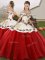 Organza Off The Shoulder Sleeveless Lace Up Embroidery Quince Ball Gowns in White And Red