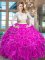Scoop Fuchsia Organza Zipper 15 Quinceanera Dress Long Sleeves Floor Length Beading and Lace and Ruffles