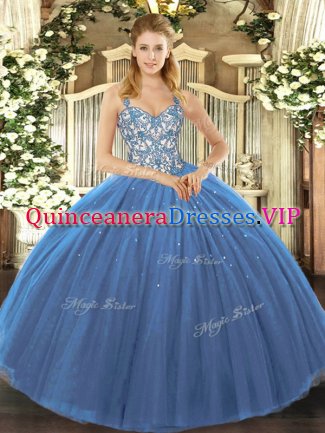 Navy Blue Quinceanera Gowns Sweet 16 and Quinceanera with Appliques Straps Sleeveless Lace Up