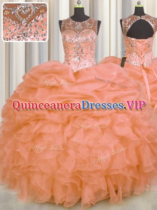See Through Organza Sleeveless Floor Length Vestidos de Quinceanera and Beading and Ruffles and Pick Ups