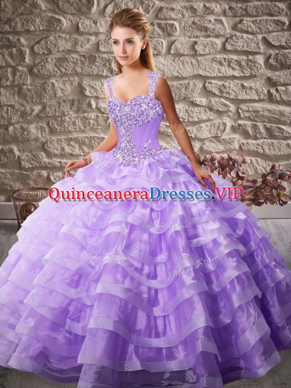 Fantastic Lavender Organza Lace Up Quinceanera Gown Sleeveless Court Train Beading and Ruffled Layers - Click Image to Close
