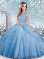 Baby Blue Clasp Handle Scoop Beading Quince Ball Gowns Tulle Sleeveless