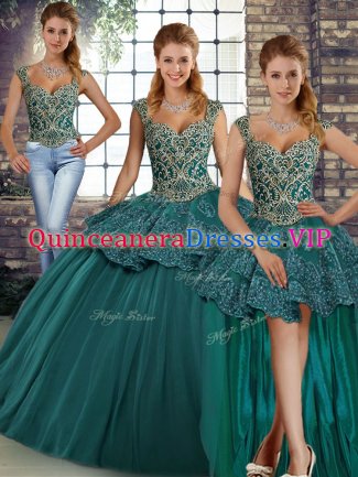 Floor Length Green Quinceanera Dresses Tulle Sleeveless Beading and Appliques