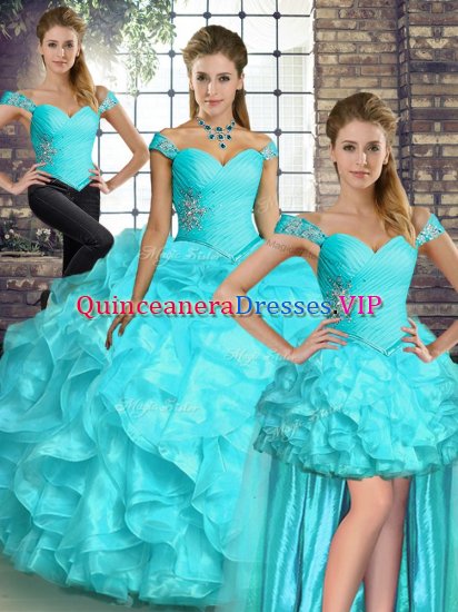 Glittering Organza Off The Shoulder Sleeveless Lace Up Beading and Ruffles Sweet 16 Dress in Aqua Blue - Click Image to Close