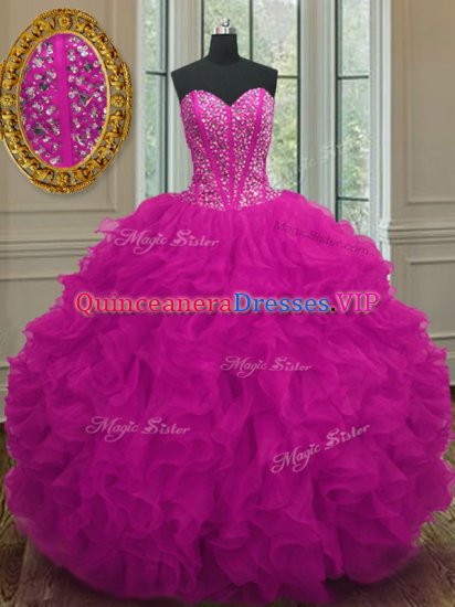 Decent Fuchsia Sleeveless Organza Lace Up Quinceanera Gowns for Military Ball and Sweet 16 and Quinceanera - Click Image to Close