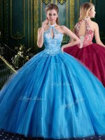 Edgy Halter Top Sleeveless Floor Length Beading and Lace and Appliques Lace Up Sweet 16 Dress with Baby Blue(SKU SJQDDT953002BBIZ)