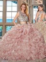 Scoop Backless Pink Cap Sleeves Brush Train Beading and Ruffles With Train Sweet 16 Dress