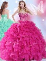 Hot Pink Lace Up Sweetheart Beading and Ruffles Quinceanera Dresses Organza Sleeveless