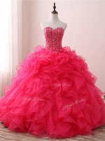 Hot Sale Hot Pink Sleeveless Floor Length Beading and Ruffles Lace Up Sweet 16 Dresses