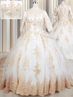 Scoop Half Sleeves Tulle Court Train Zipper Sweet 16 Dress in White with Beading and Lace and Appliques(SKU PSSW0594BIZ)