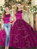 Pretty Fuchsia Sleeveless Floor Length Ruffles Lace Up Sweet 16 Quinceanera Dress
