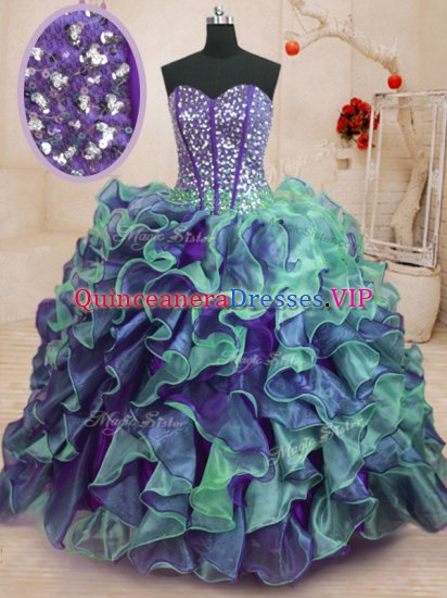 Floor Length Lace Up 15th Birthday Dress Multi-color for Military Ball and Sweet 16 and Quinceanera with Beading and Ruffles - Click Image to Close
