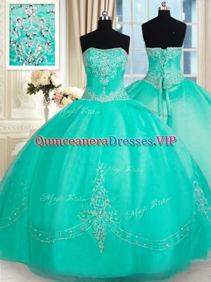 Simple Turquoise Lace Up Strapless Beading and Appliques Quinceanera Dress Organza Sleeveless - Click Image to Close
